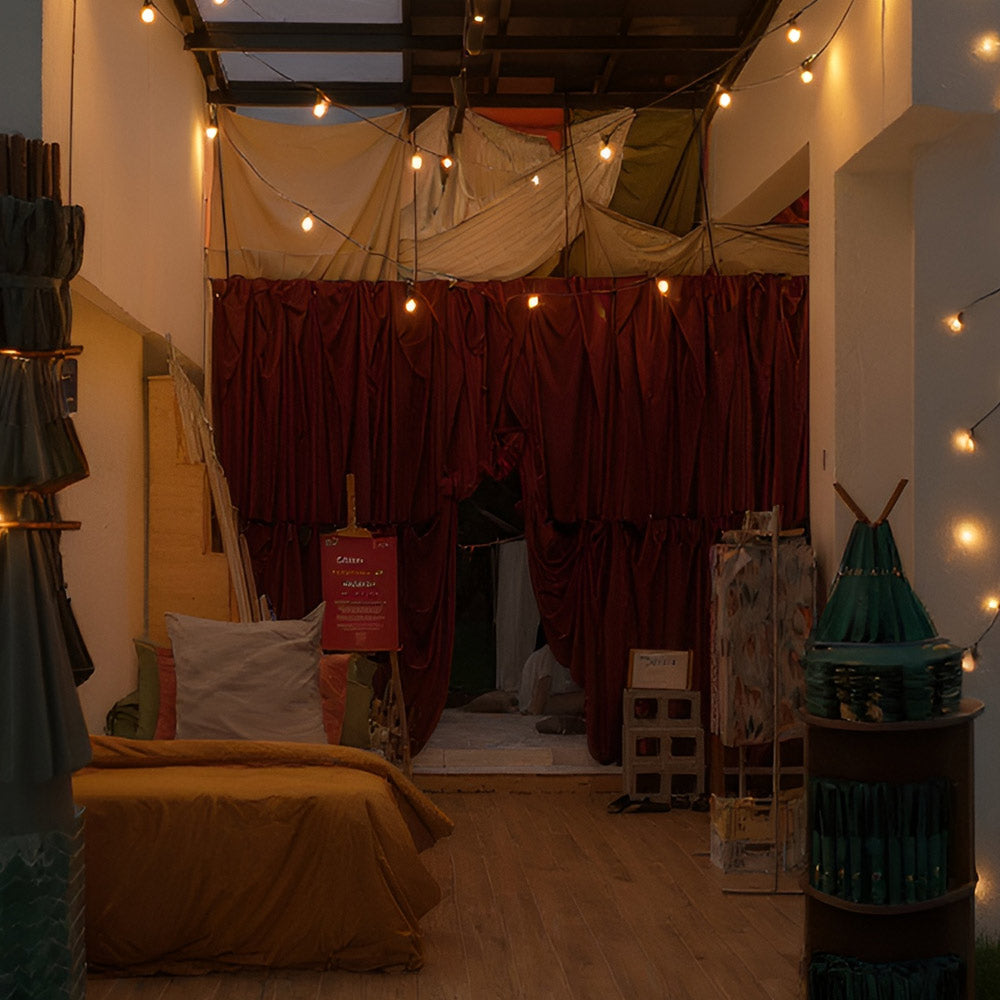 sojao art installation with draped organic fabric in a warm cosy evening store
