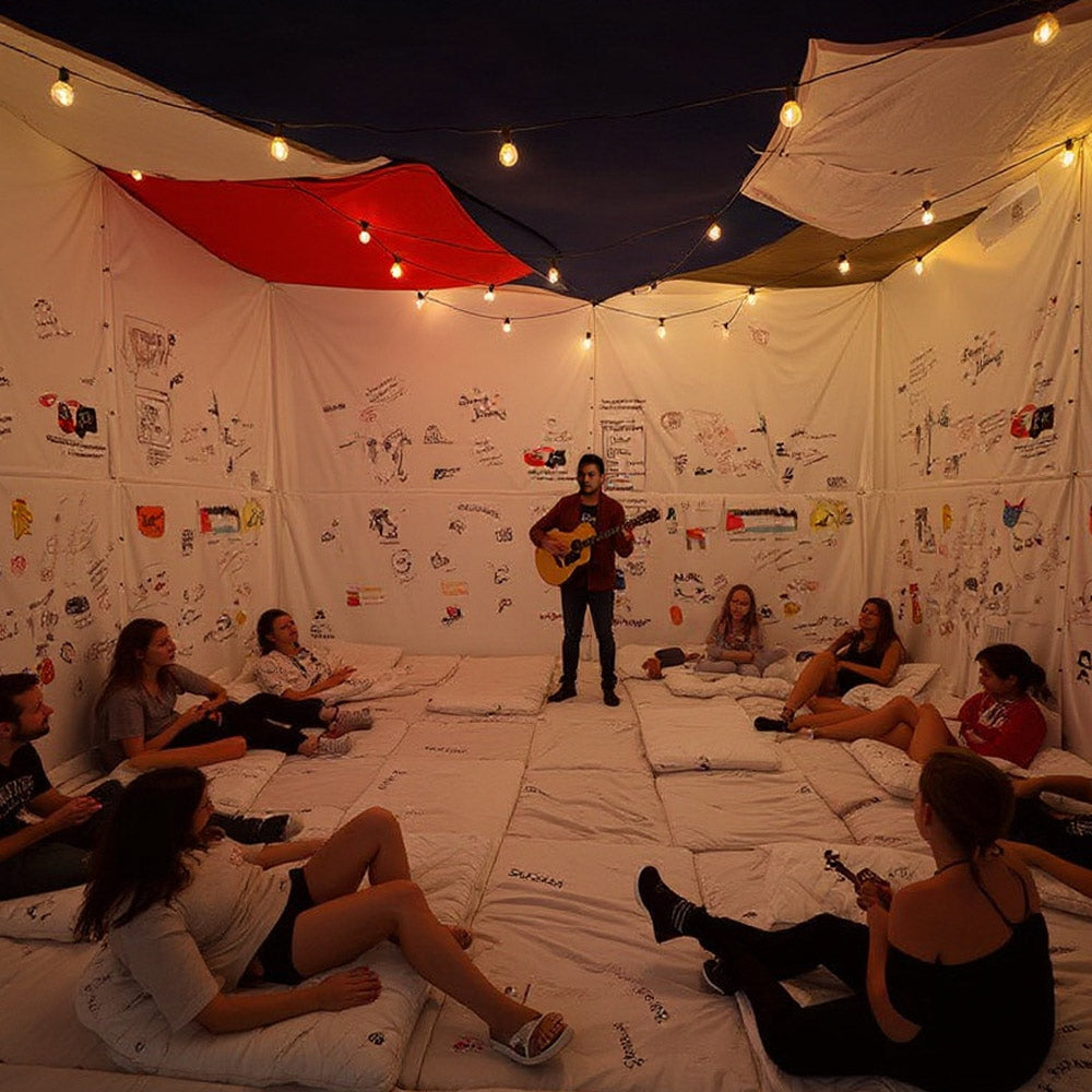 Group of people sitting on mats inside a cosy tent with walls covered in drawings.