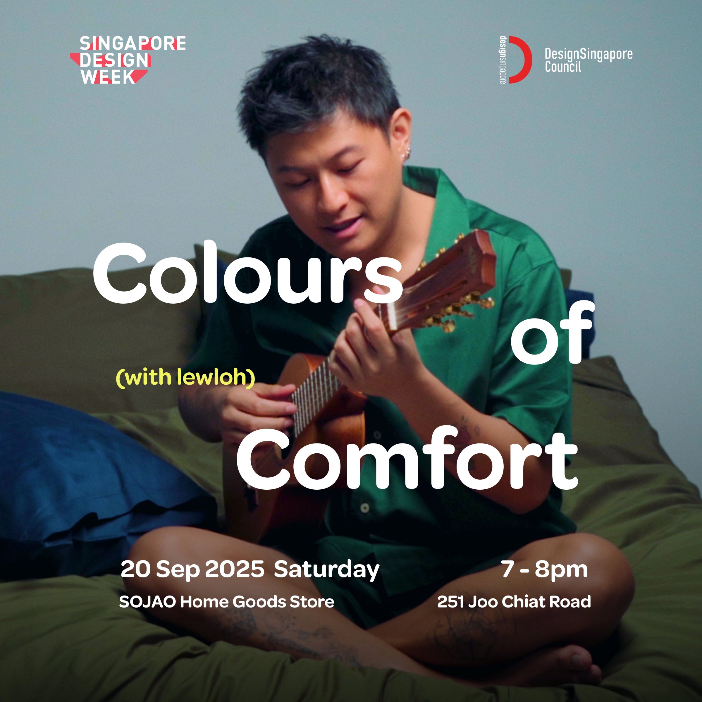 Promotional poster for 'Colours of Comfort' event featuring lewloh playing guitar, with text about Singapore Design Week and event details.